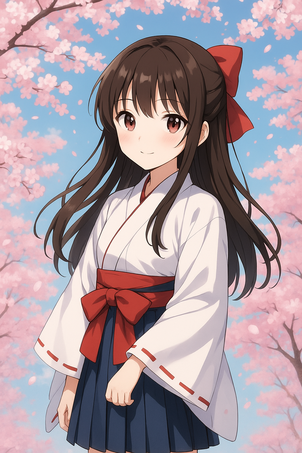 【AI 生成】一名同时具备“巫女”“樱花”“制服”等多种典型日本文化符号的女性角色形象